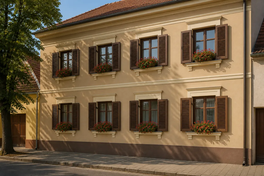 Kisvárosi társasház homlokzata reggeli fényben, muskátlis ablakkal